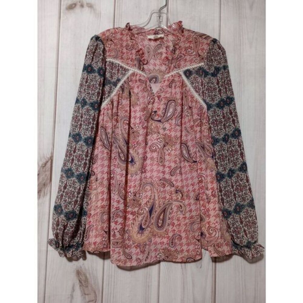 Entro Pink‎ Paisley Houndstooth Mixed Print Boho Ruffle Blouse Spring Large